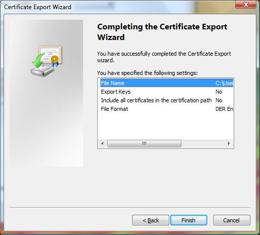 The Confirmation screen of the Certificate Export Wizard