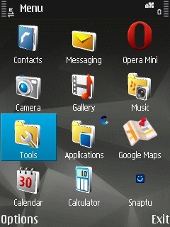 A Symbian device with the 'Tools' submenu highlighted.