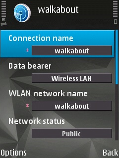 The first half of the Access Point configuration page on the Symbian Device