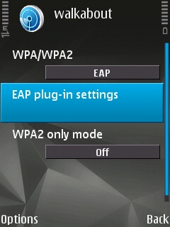 WLAN Security Settings screen on the Symbian Device