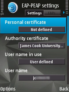 The EAP plug-in settings on the Symbian device