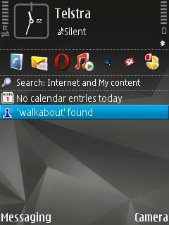 Home screen of the Symbian device showing 'Walkabout found' 