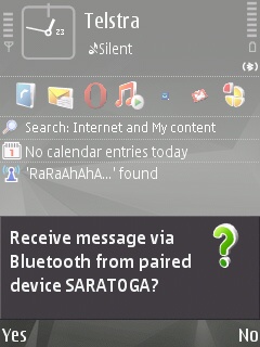 Symbian screenshot showing the Bluetooth transfer confirmation screen