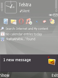 Symbian screenshot showing the '1 New Message' prompt