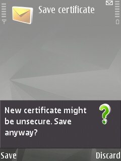 The verification screen to install an insecure certificate on the Symbian device