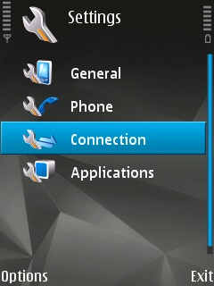 Settings menu on a Symbian device with the 'Connection' submenu selected