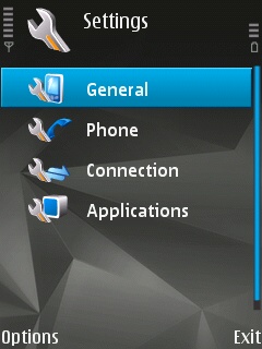 The 'General' icon selected in the 'Settings' menu of the Symbian device
