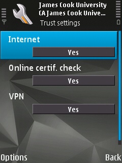 the 'trust settings' screen on the Symbian device showing all the options toggled to 'Yes'