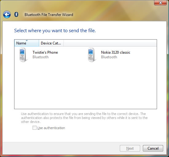 The device selection screen of the Bluetooth File Transfer Wizard