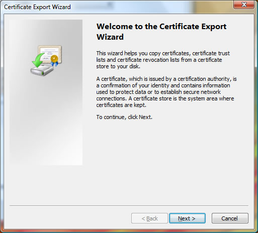 The Welcome screen of the Certificate Export Wizard