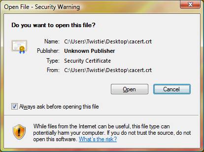 Security Warning window shown in Windows Vista and Windows 7