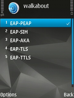 The EAP plug-in settings on the Symbian device