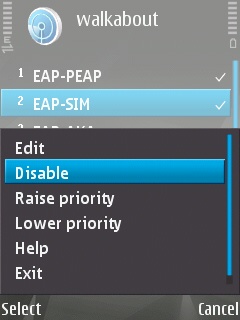 EAP plug-in settings screen on the Symbian device showing how to disable a plug-in.