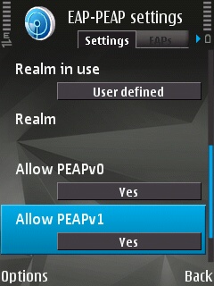 The EAP plug-in settings on the Symbian device