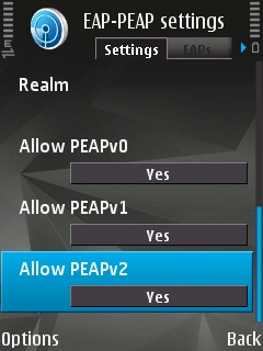 The EAP plug-in settings on the Symbian device