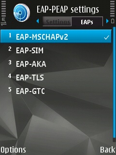 EAP-PEAP Settings screen with the EAPs tab open on the Symbian device