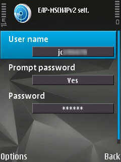 EAP-MSCHAPv2 Settings screen on the Symbian device