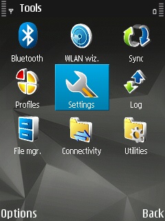 Tools menu on a Symbian device with the 'Settings' submenu selected