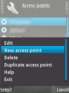 Access Point Options menu on a Symbian device with the 'New Access Point' option selected