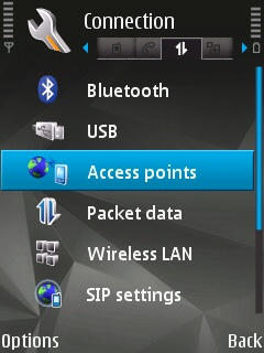 Connection menu on a Symbian device with the Access Point submenu selected