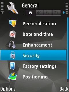 The 'security' icon selected in the 'General Settings' menu of the Sybian Device