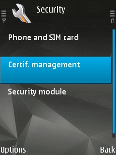 The 'Certif. Management' submenu selected in the 'Security Settings' menu of the Symbian device
