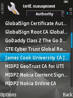 The certificate manager on the Symbian device showin the 'James Cook University CA' selected