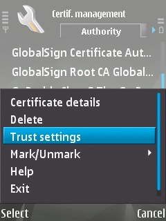 the 'Trust Settings' menu option in the 'Options' menu of the certificate manager on the Symbian device