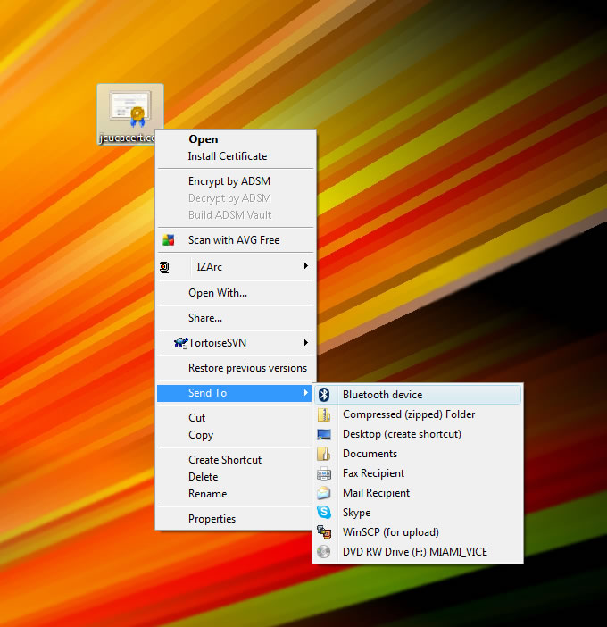 Screenshot showing the context menu of the certificate with the 'Send to Bluetooth Device' option selected.